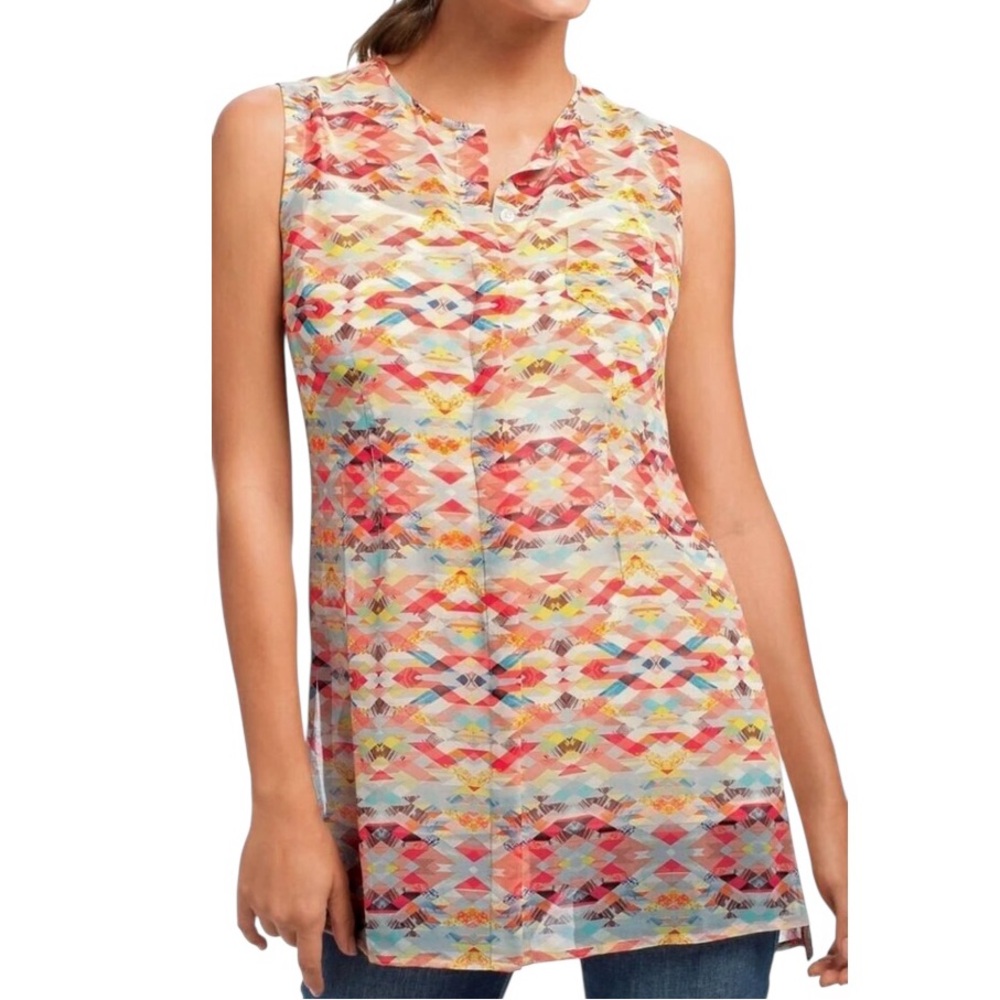 CAbi Avery Sheer Aztec Print Sleeveless Tunic Top Button Front Colorful Sheer XS